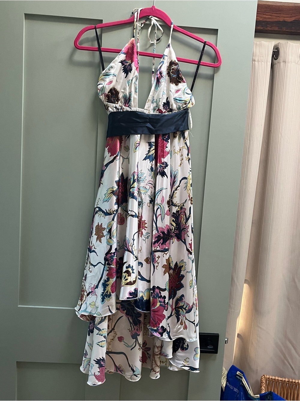Floral Backless Halter Dress with Navy Waistband